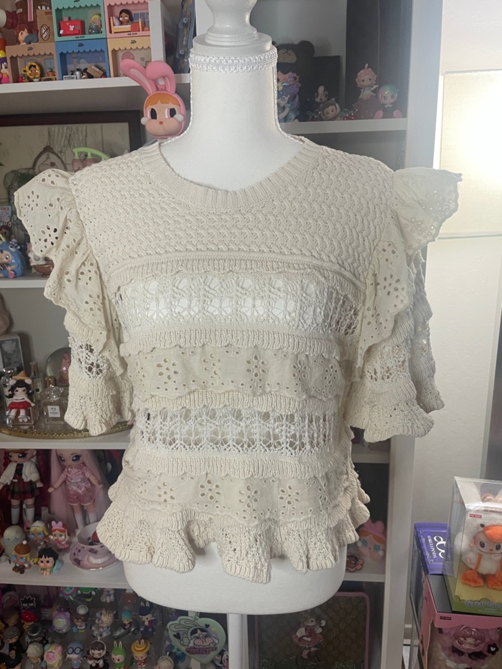 ZARA Cream Knit Lace Ruffle Top Size L Boho Cottagecore